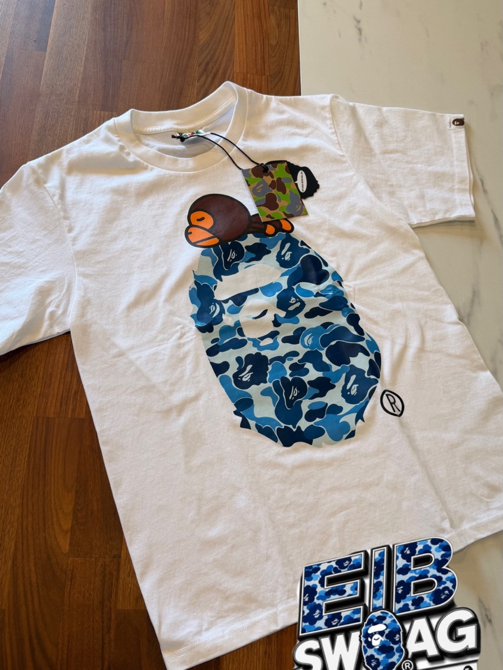 Bape White Tee with Blue Camo Ape Head Graphic